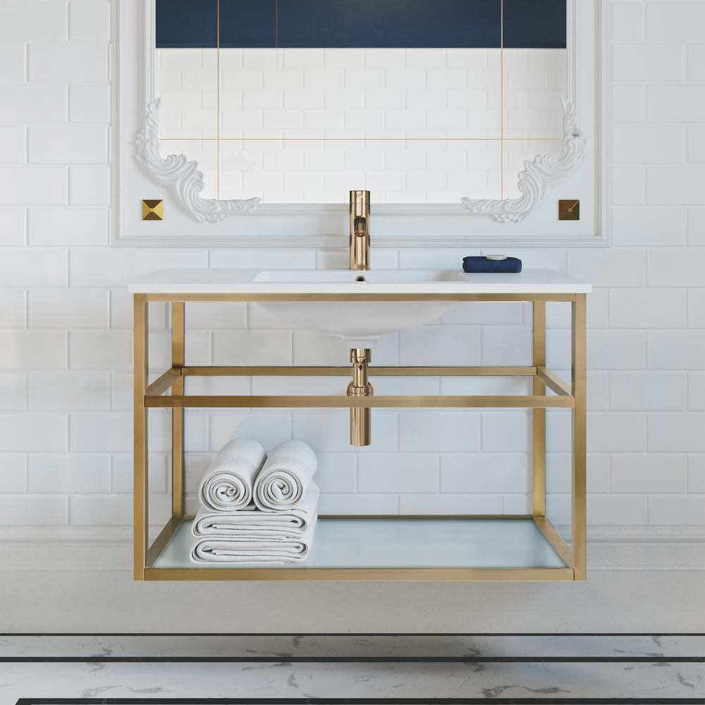 Pierre 36 Single, Open Shelf, Gold Metal Frame Bathroom Vanity. Picture 20