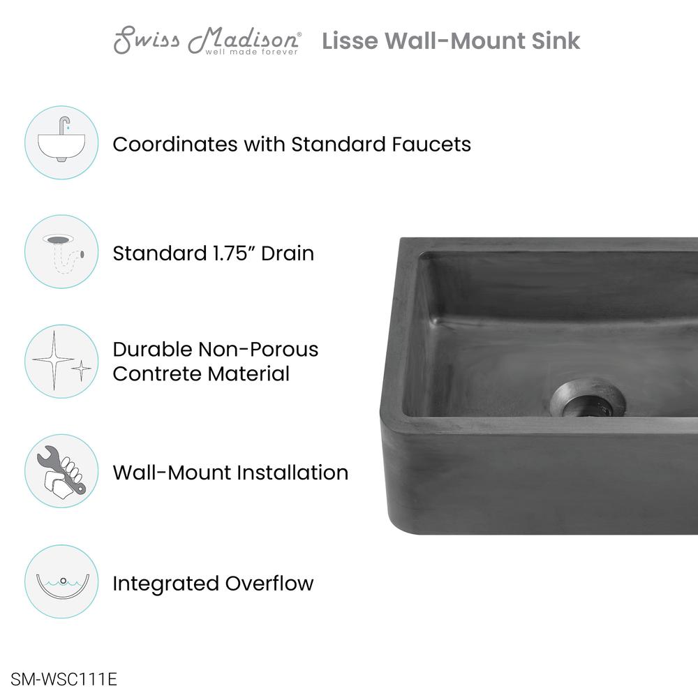 Lisse 17.5” Rectangle Concrete Wall-Mount Bathroom Sink in Dark Grey. Picture 12