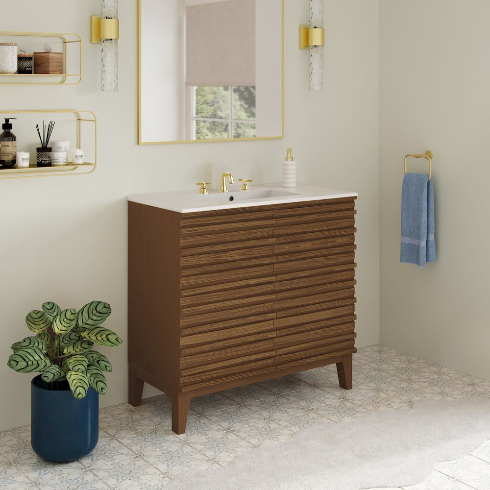 30" Freestanding Bathroom Vanity in Brown Oak with 3-Hole Widespread Sink Top. Picture 2