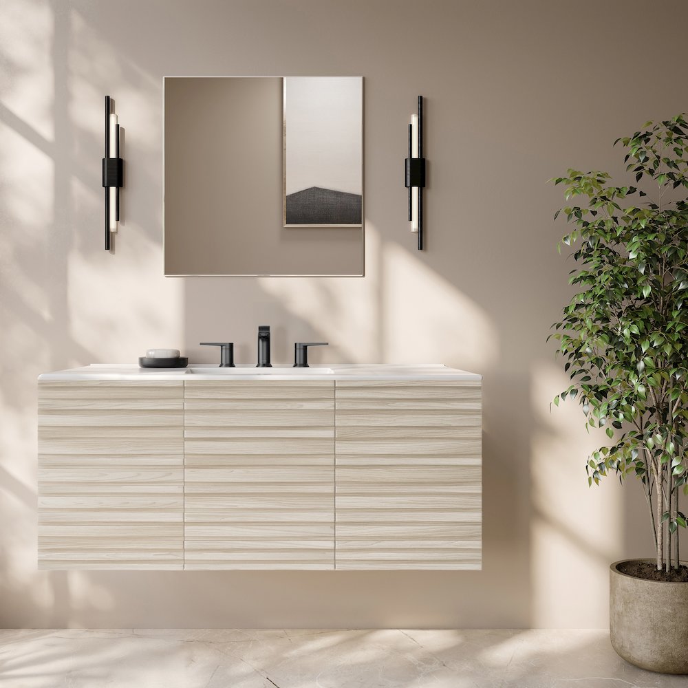 Cascade 48" Wall-Mounted Bathroom Vanity in White Oak with 3-Hole Sink Top. Picture 2