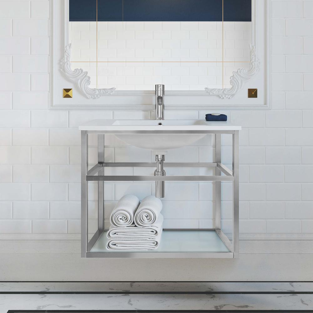 Pierre 30 Single, Open Shelf, Chrome Metal Frame Bathroom Vanity. Picture 20