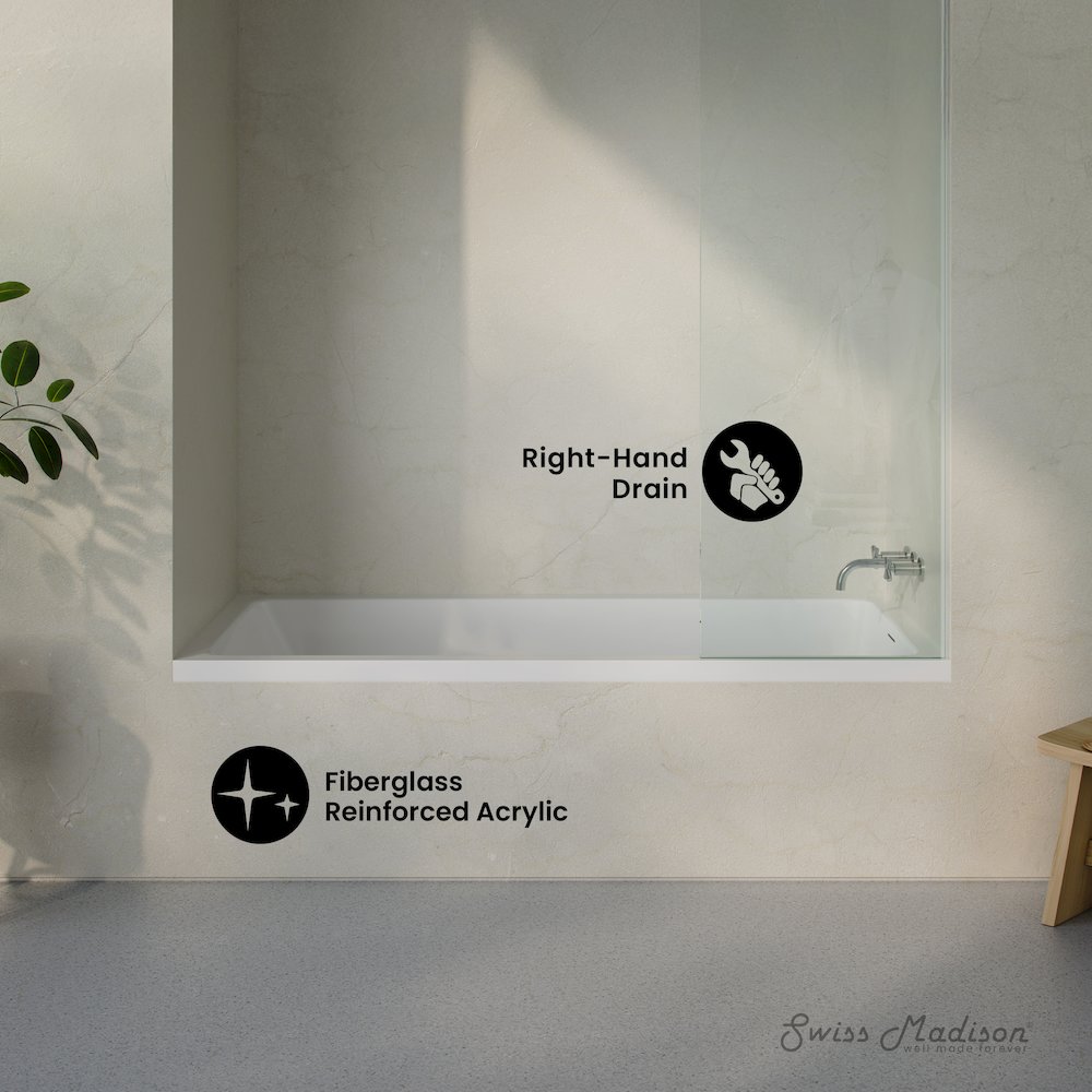 Right Drain Soaking Alcove Bathtub in Glossy White with Integrated Armrest. Picture 2