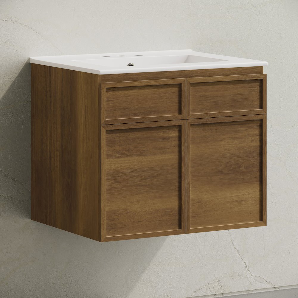 24" Wall-Mounted Bathroom Vanity in Brown Oak with 3-Hole Centerset Sink Top. Picture 2