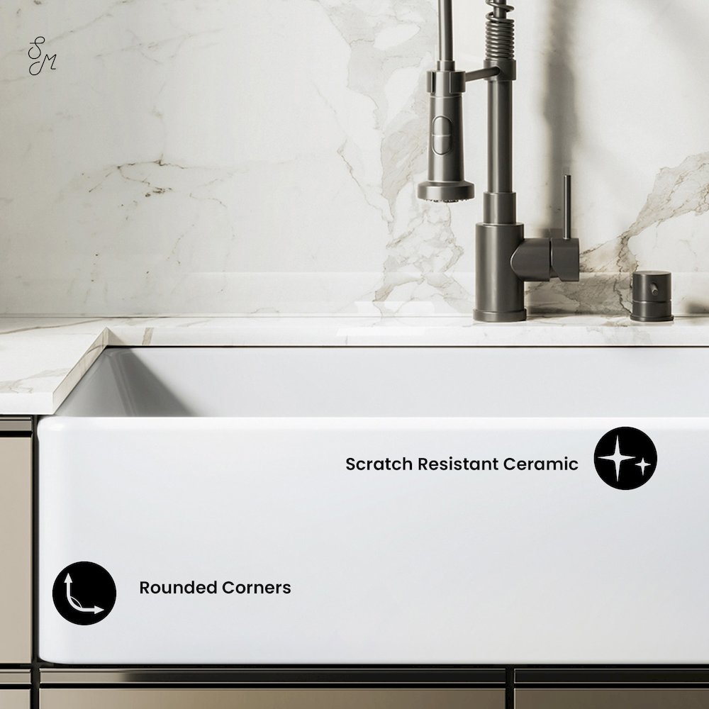 Elegance 36" x 20" Single Basin Fireclay Farmhouse Kitchen Sink in Glossy White. Picture 7