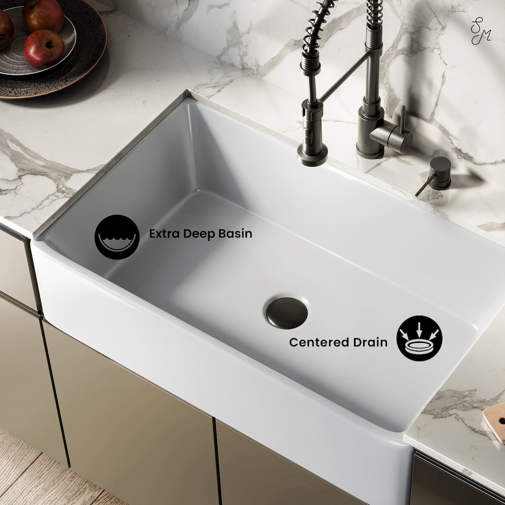Elegance 33" x 20" Single Basin Fireclay Farmhouse Kitchen Sink in Glossy White. Picture 6