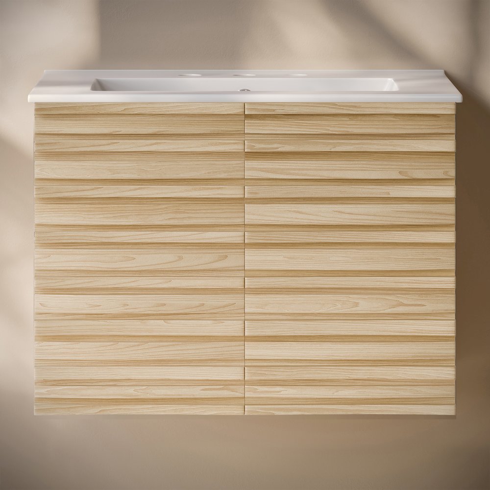 Cascade Wall-Mounted Bathroom Vanity in Natural Oak with 3-Hole Sink Top. Picture 5