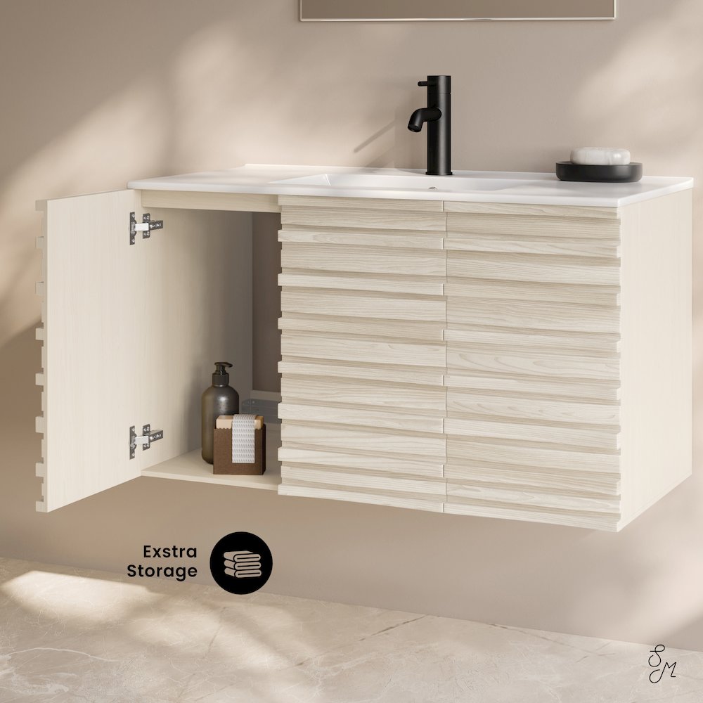 Cascade 36" Wall-Mounted Bathroom Vanity in White Oak with Sink Top. Picture 8