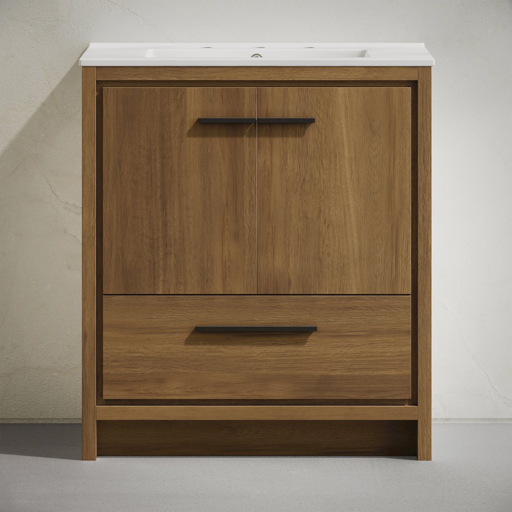 Virage Freestanding Bathroom Vanity in Brown Oak with 3-Hole Widespread Sink Top. Picture 4