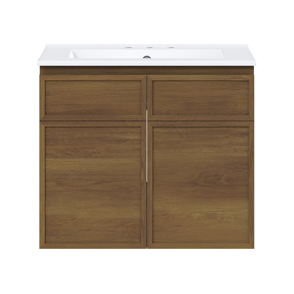 24" Wall-Mounted Bathroom Vanity in Brown Oak with 3-Hole Centerset Sink Top. Picture 1
