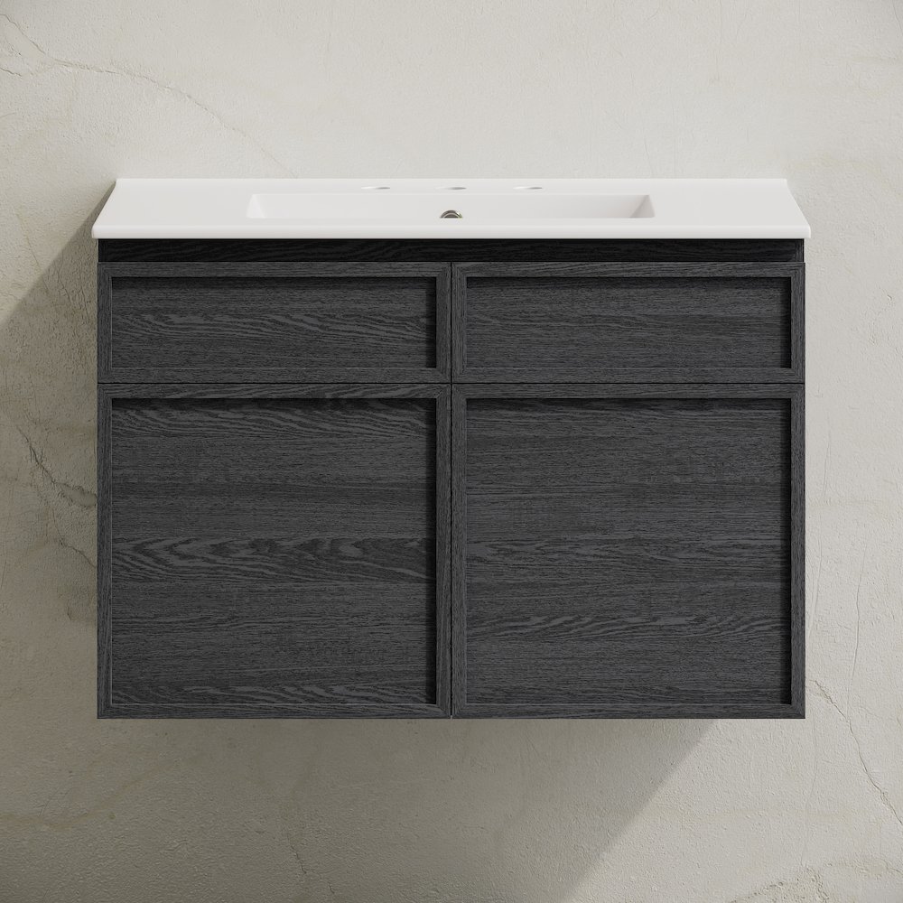 30" Wall-Mounted Bathroom Vanity in Black Oak with 3-Hole Widespread Sink Top. Picture 5