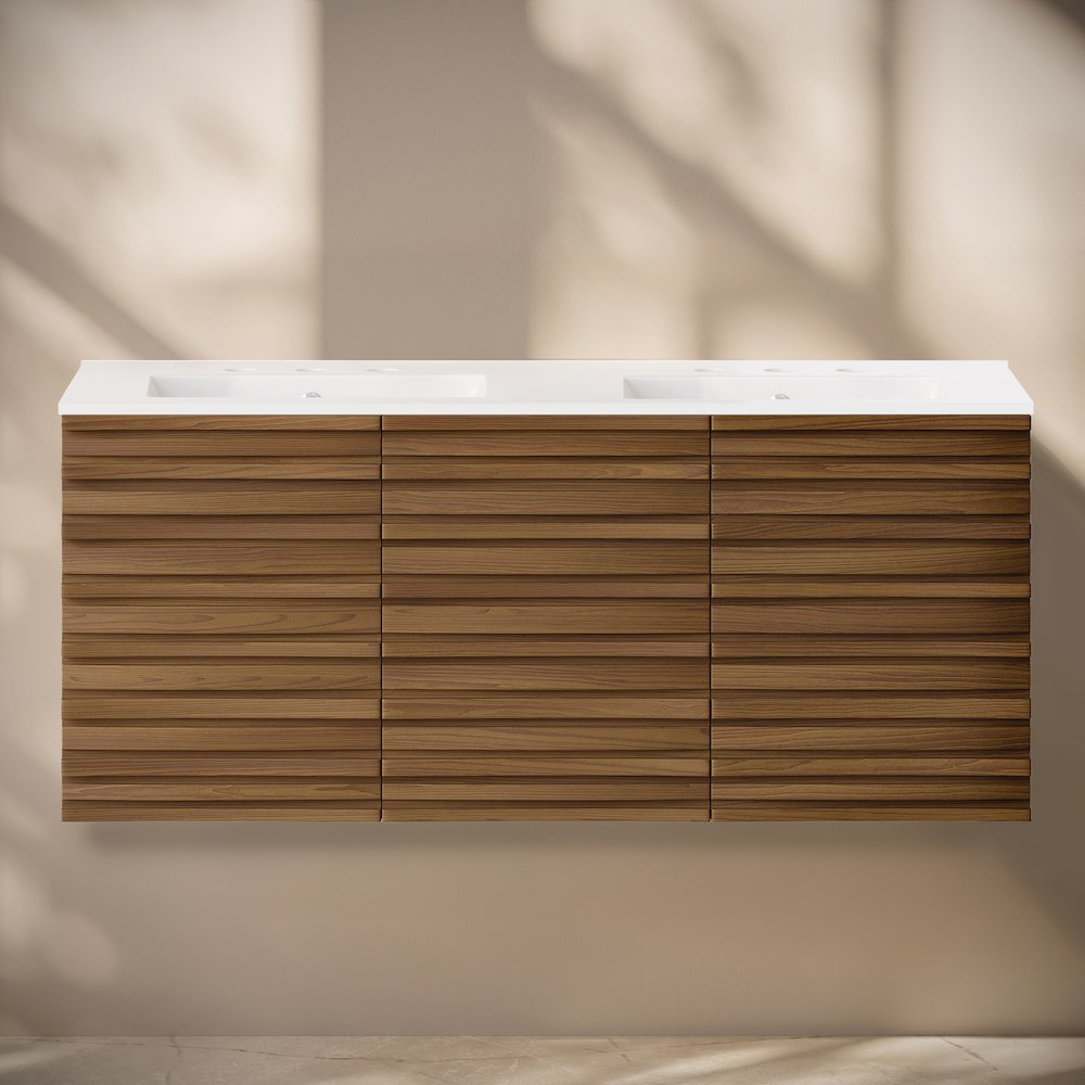 48" Wall-Mounted Bathroom Vanity in Brown Oak with Widespread Basin Sink Top. Picture 6