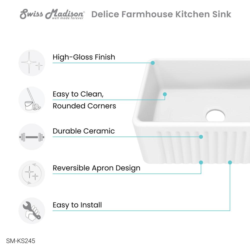 Delice 24 x 18 Ceramic, Farmhouse Kitchen Sink with Apron. Picture 12