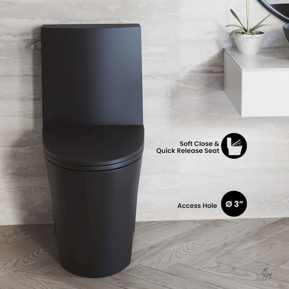 One-Piece 14" Rough-in 1.28 GPF Left Flush Elongated Toilet in Matte Black. Picture 3
