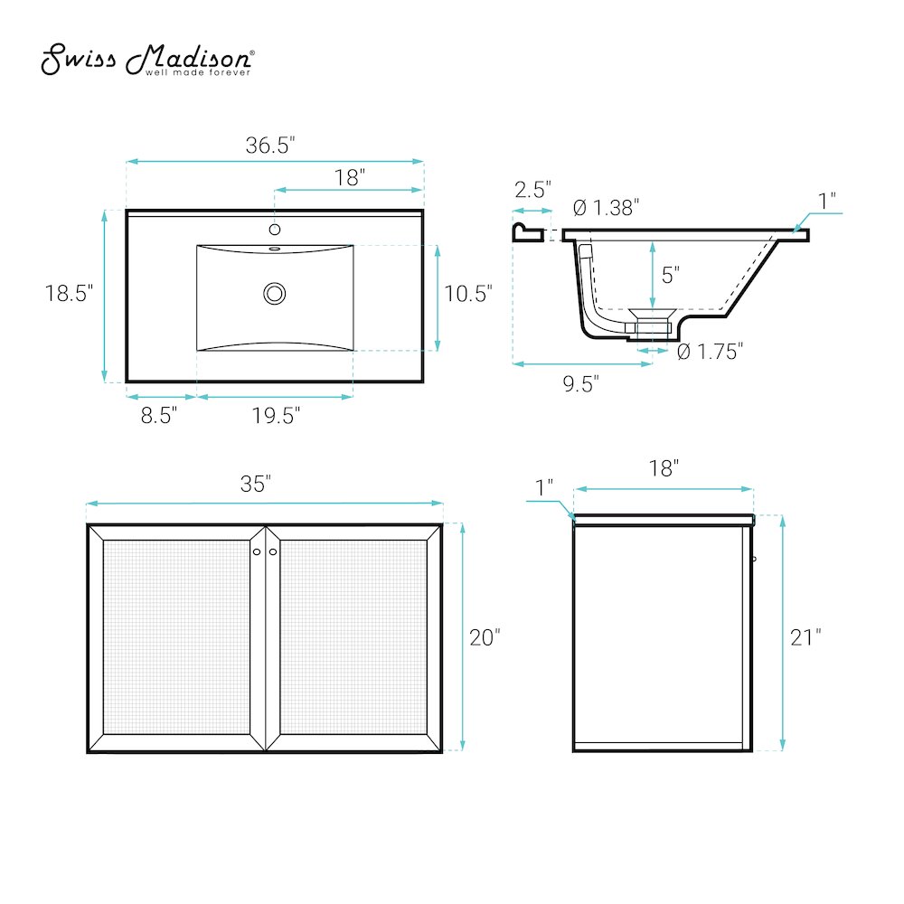36" Wall-Mounted Bathroom Vanity in Brown Oak with Single Faucet Hole Vanity Top. Picture 11
