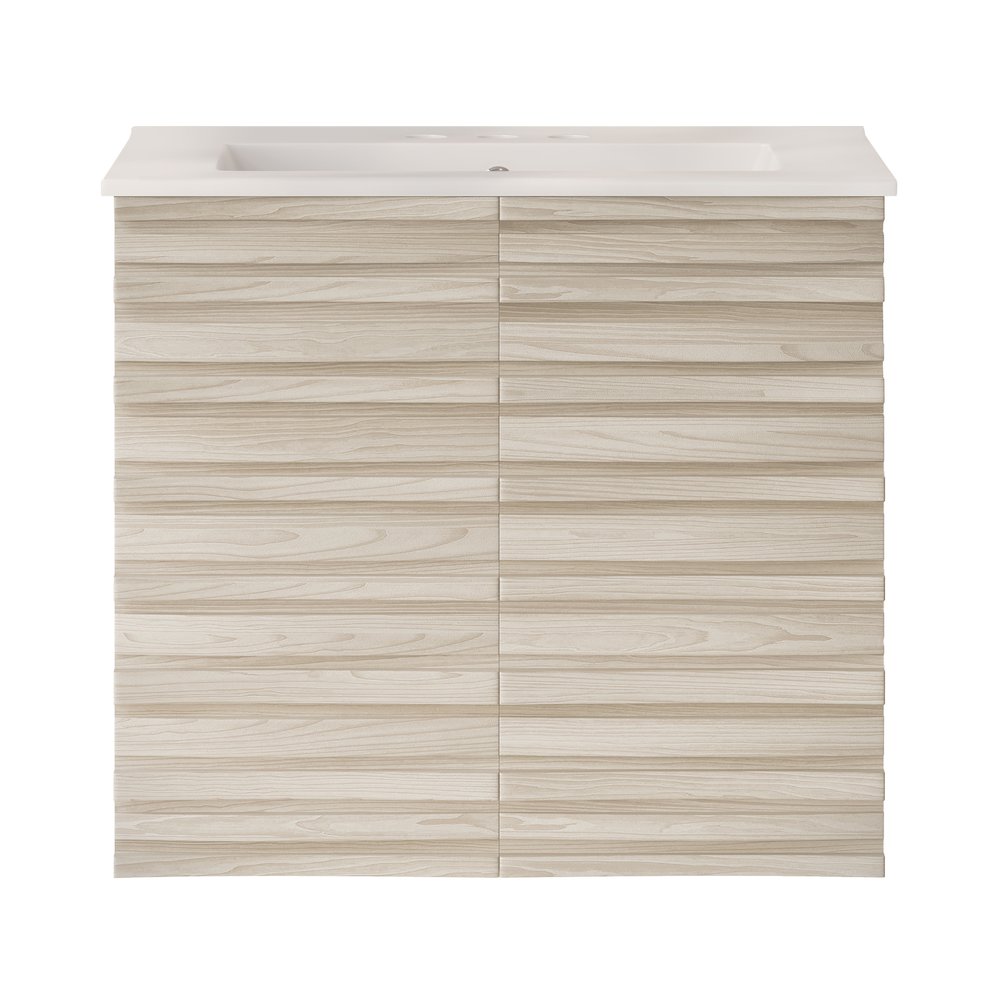 Cascade Wall-Mounted Bathroom Vanity in White Oak with 3-Hole Centerset Sink Top. Picture 1
