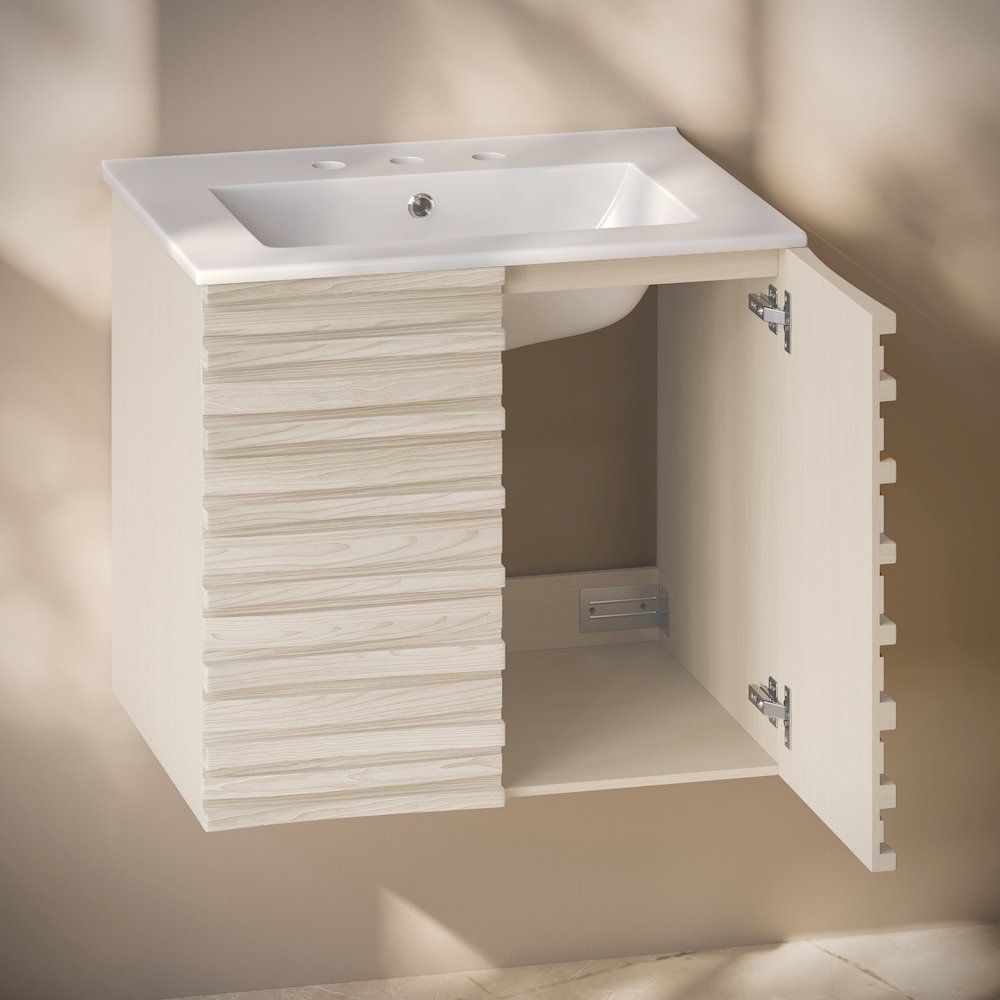Cascade Wall-Mounted Bathroom Vanity in White Oak with 3-Hole Sink Top. Picture 5