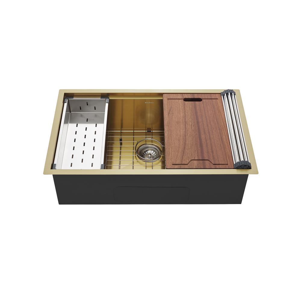 Stainless Steel, Single Basin, Undermount Kitchen Workstation Sink in Gold. Picture 1