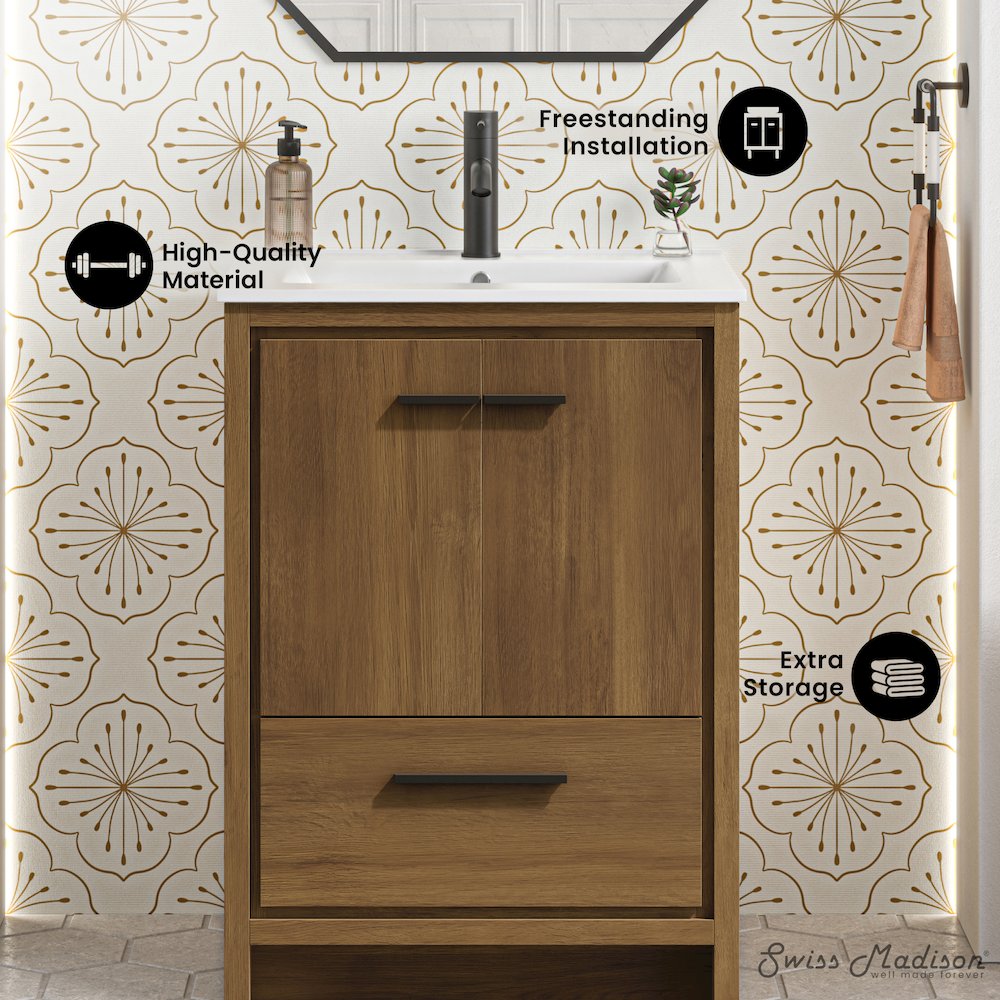 Virage 24" Freestanding Bathroom Vanity in Brown Oak with Sink Top. Picture 8
