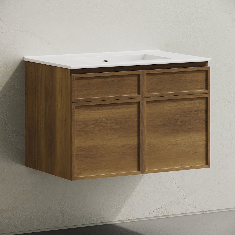 St. Tropez 30" Wall-Mounted Bathroom Vanity in Brown Oak with Sink Top. Picture 3