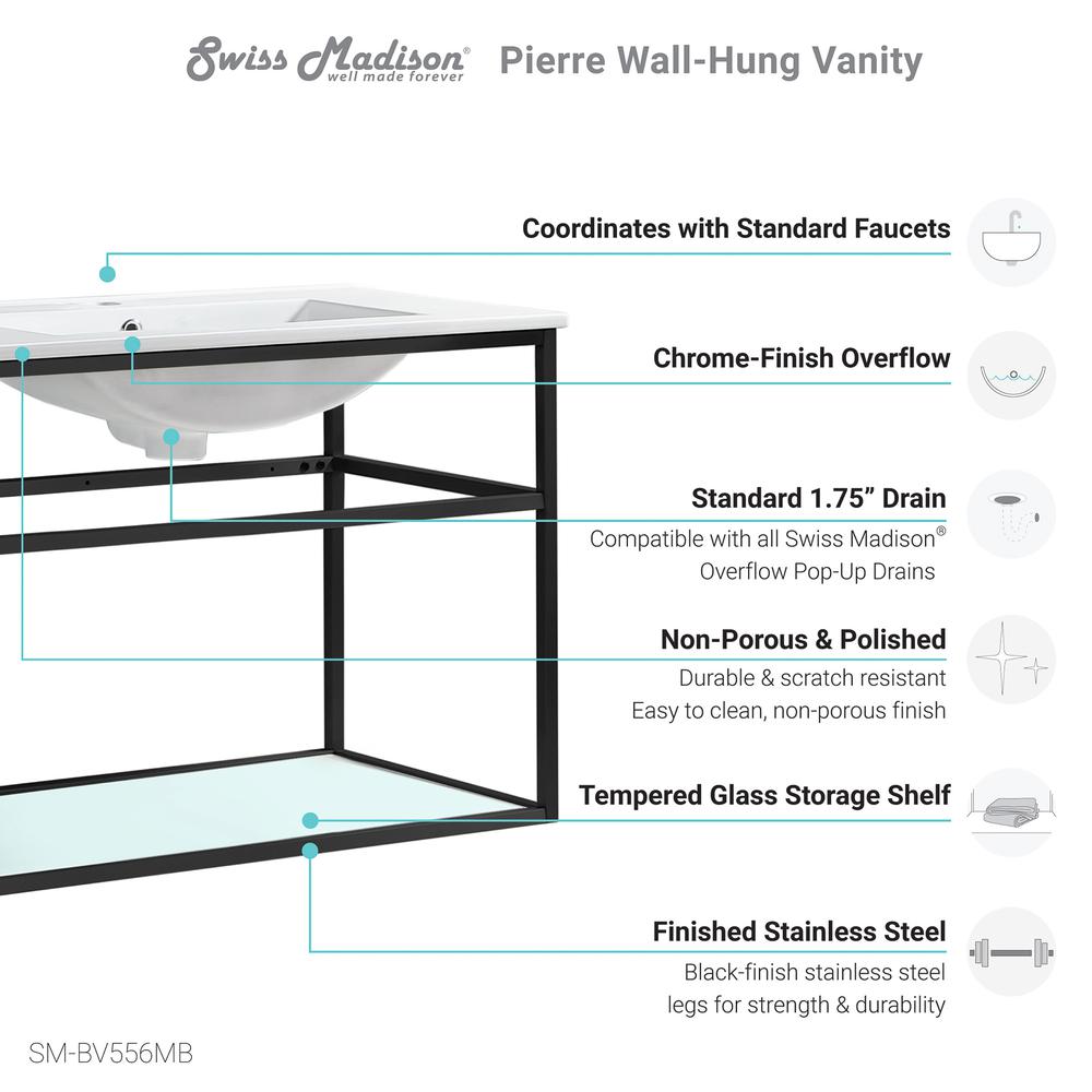 Pierre 30 Single, Open Shelf, Matte Black Metal Frame Bathroom Vanity. Picture 7