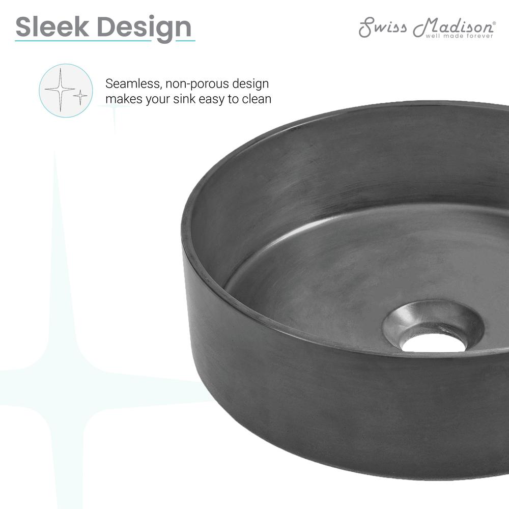 Lisse 14.5” Round Concrete Vessel Bathroom Sink in Dark Grey. Picture 8
