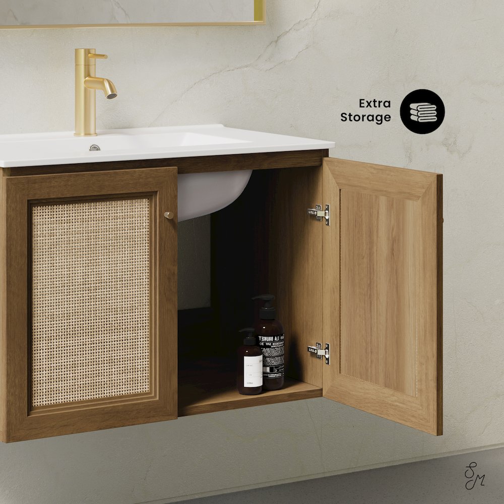 30" Wall-Mounted Bathroom Vanity in Brown Oak with Single Faucet Hole Vanity Top. Picture 9