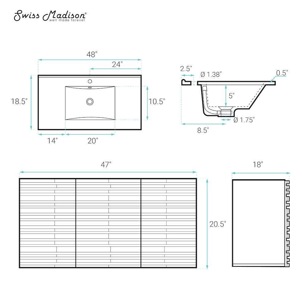 Cascade 48" Wall-Mounted Bathroom Vanity in White Oak with Sink Top. Picture 11