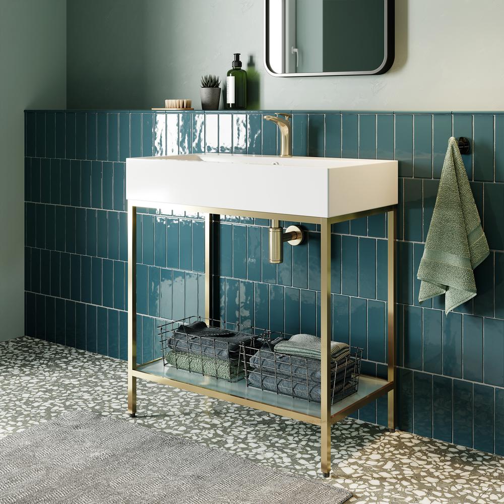 Pierre 32 Single, Freestanding, Open Shelf, Gold Metal Frame Bathroom Vanity. Picture 20
