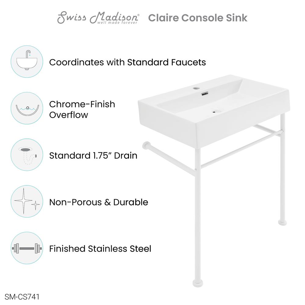 Claire 24 Ceramic Console Sink White Basin Matte White Legs. Picture 8