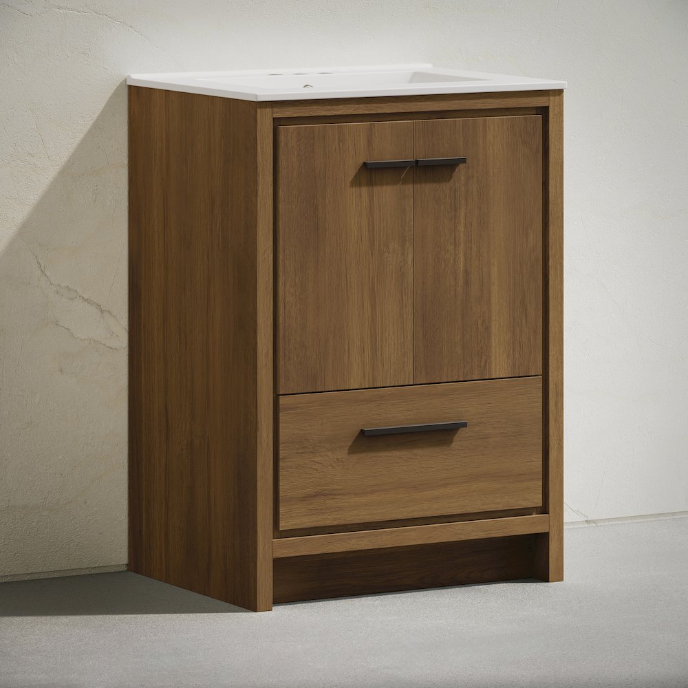 24" Freestanding Bathroom Vanity in Brown Oak with 3-Hole Centerset Sink Top. Picture 2