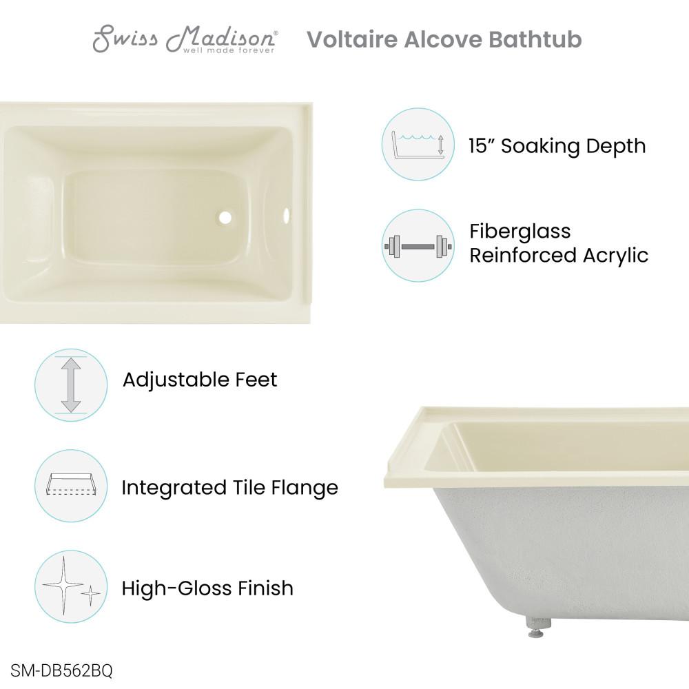 Voltaire 48" x 32" Right-Hand Drain Alcove Bathtub in Bisque. Picture 3