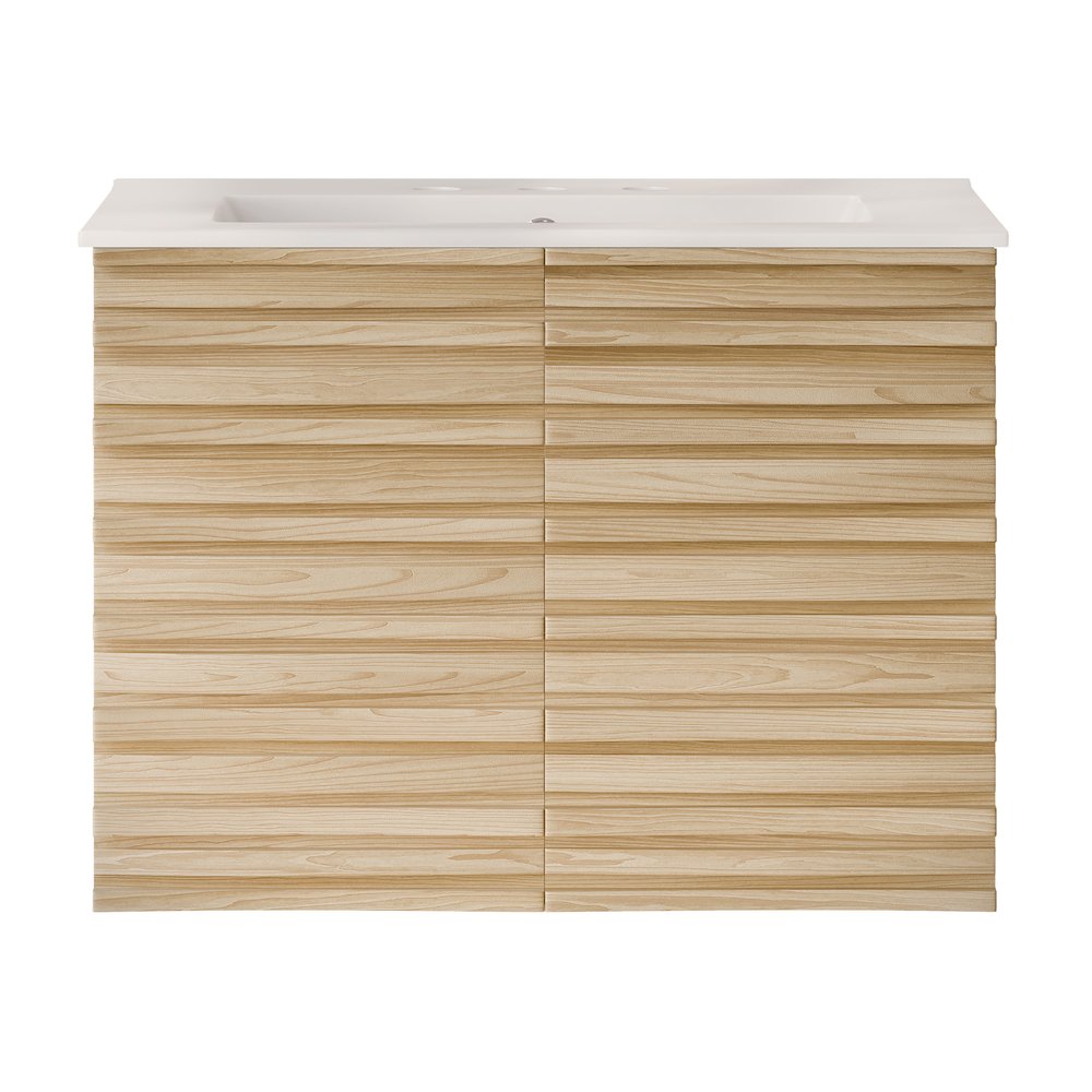 Cascade Wall-Mounted Bathroom Vanity in Natural Oak with 3-Hole Sink Top. Picture 1