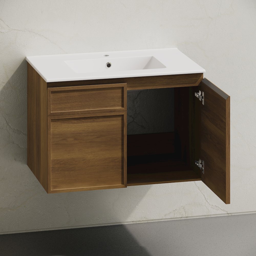 St. Tropez 30" Wall-Mounted Bathroom Vanity in Brown Oak with Sink Top. Picture 5