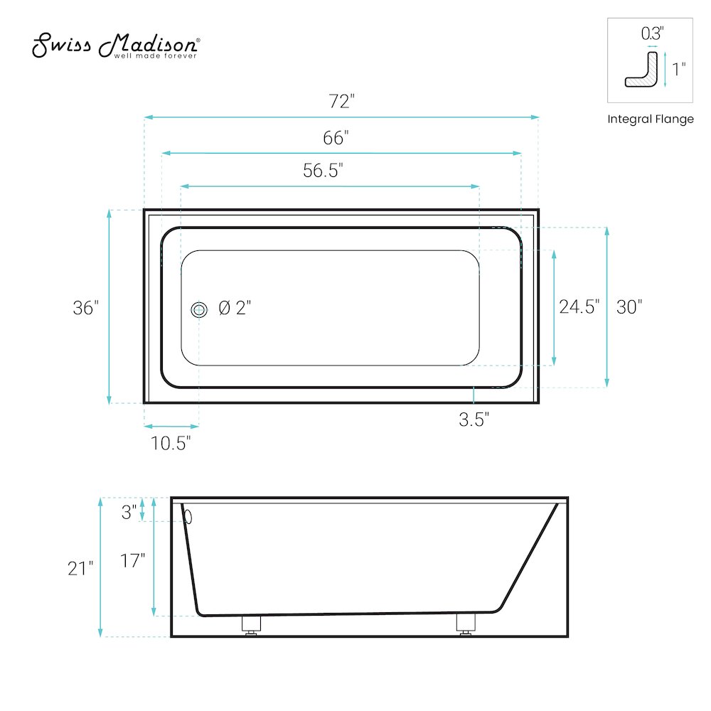 Voltaire 72 x 32 Skirted Left Drain Soaking Alcove Bathtub in Glossy White. Picture 5
