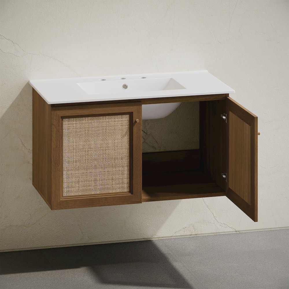 36" Bathroom Vanity in Brown Oak with Widespread Faucet Holes Vanity Top. Picture 5