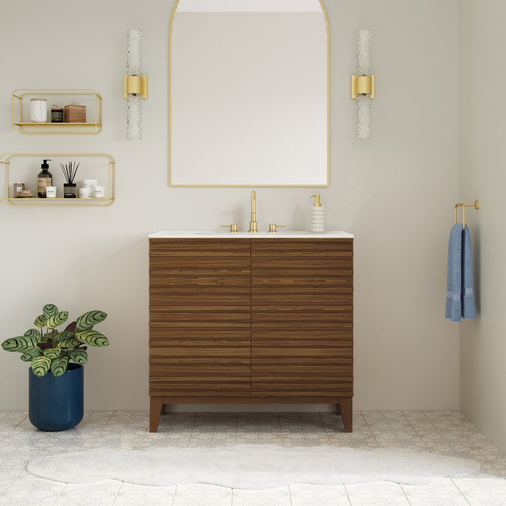 30" Freestanding Bathroom Vanity in Brown Oak with 3-Hole Widespread Sink Top. Picture 1