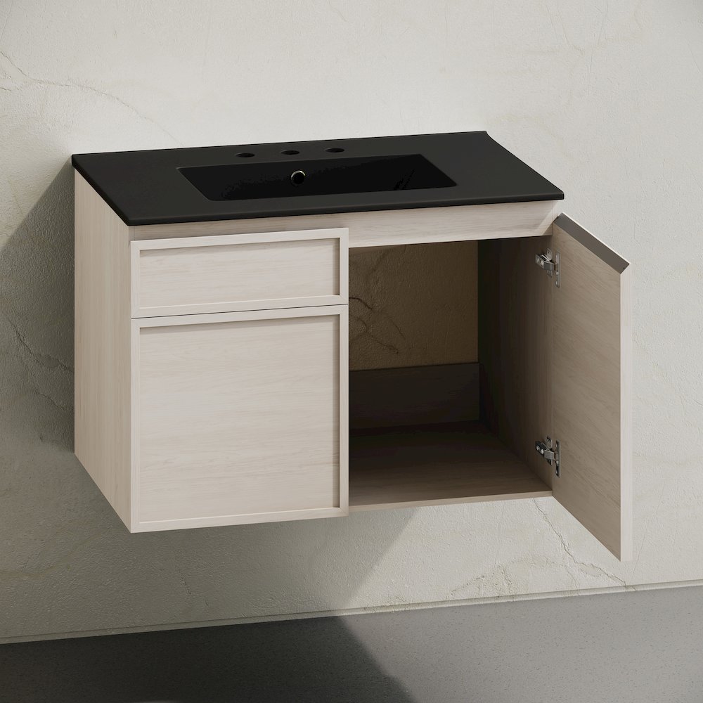 30" Wall-Mounted Bathroom Vanity in White Oak with Black Widespread Sink Top. Picture 4