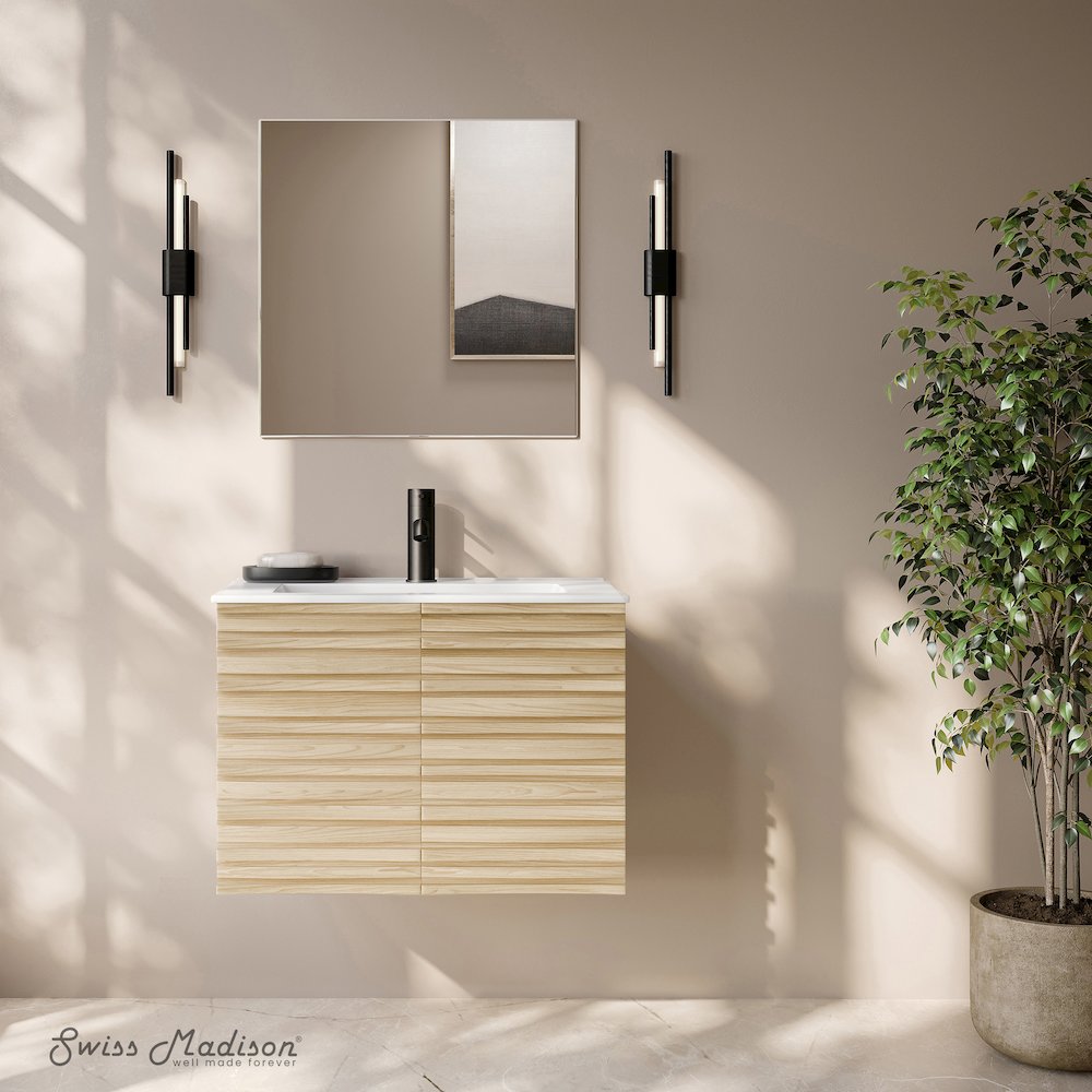 Cascade 30" Wall-Mounted Bathroom Vanity in Natural Oak with Sink Top. Picture 2