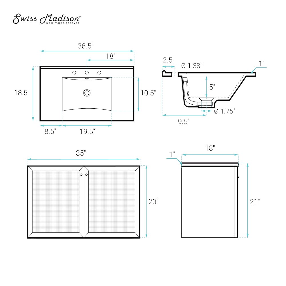 36" Bathroom Vanity in Brown Oak with Widespread Faucet Holes Vanity Top. Picture 6