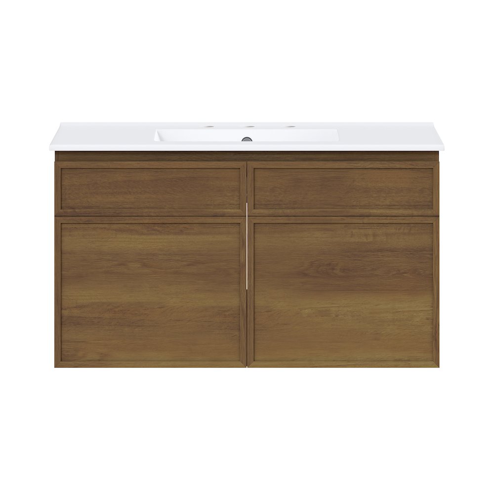 36" Wall-Mounted Bathroom Vanity in Brown Oak with 3-Hole Widespread Sink Top. Picture 1