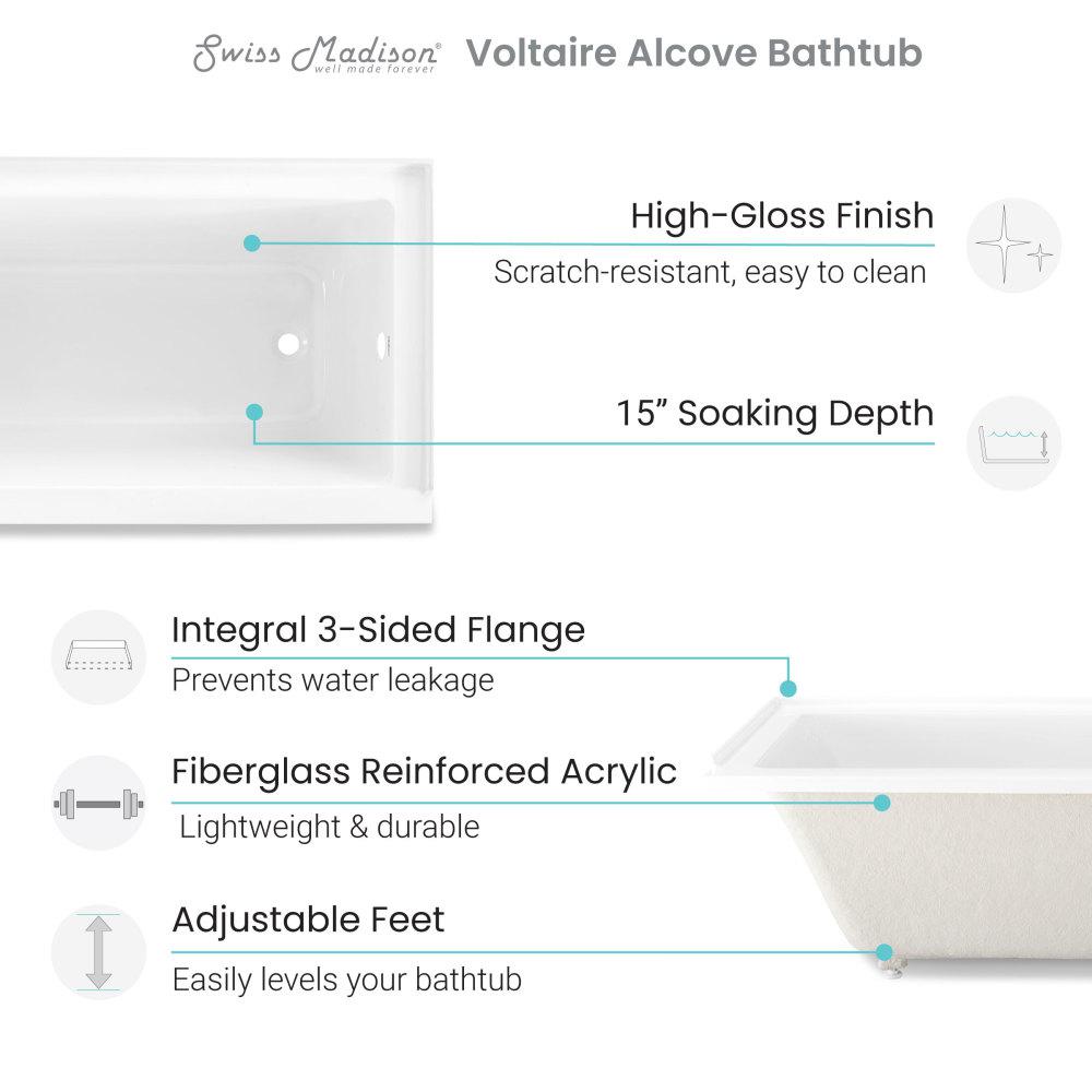 Voltaire 48" x 32" Left-Hand Drain Alcove Bathtub. Picture 3