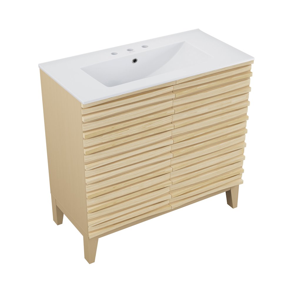 30" Freestanding Bathroom Vanity in Natural Oak with 3-Hole Widespread Sink Top. Picture 1