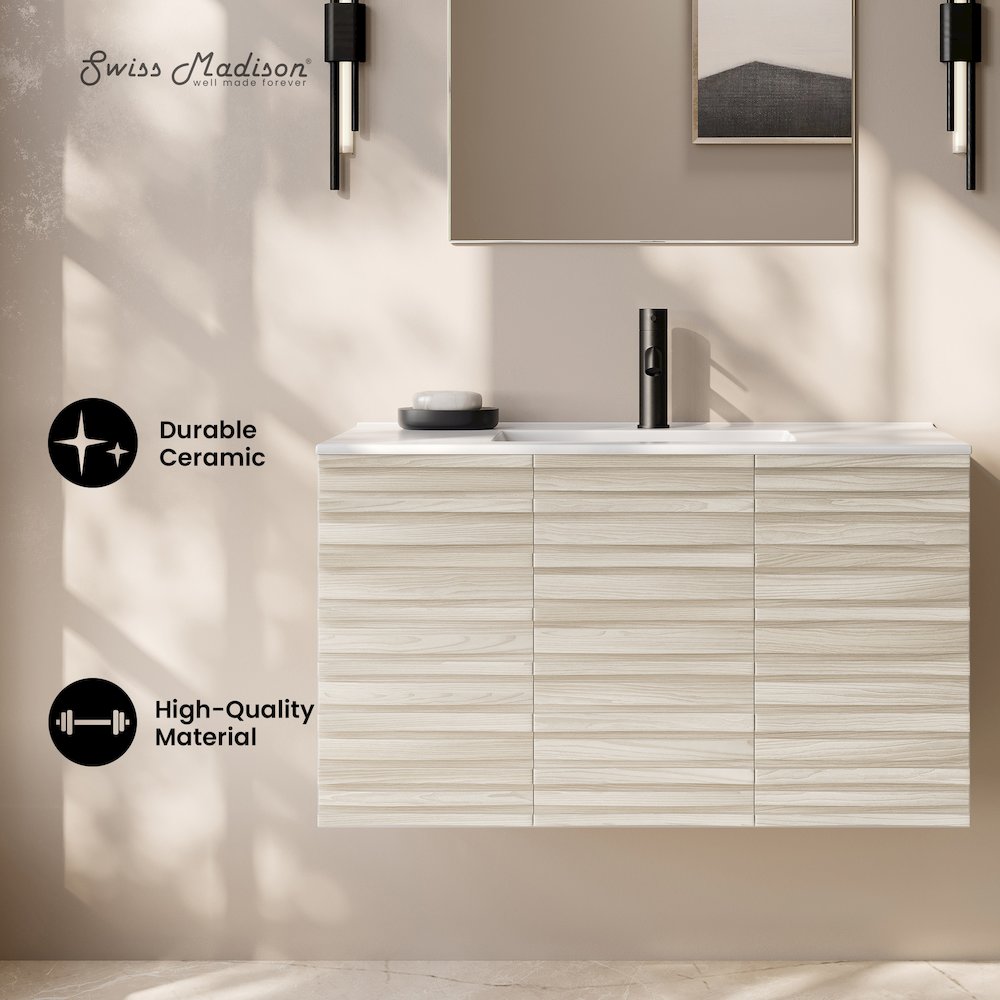 Cascade 36" Wall-Mounted Bathroom Vanity in White Oak with Sink Top. Picture 7