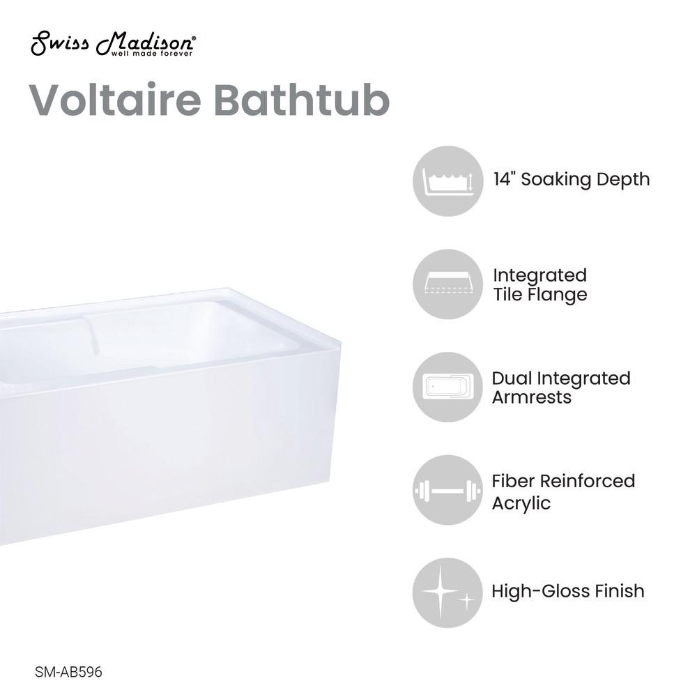 Voltaire 48" x 30" Left-Hand Drain Alcove Integrated Armrest Bathtub with Apron. Picture 3