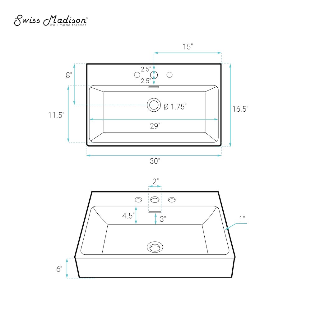 Claire 30" Rectangle Wall-Mount Bathroom Sink with 8" Widespread Holes. Picture 6