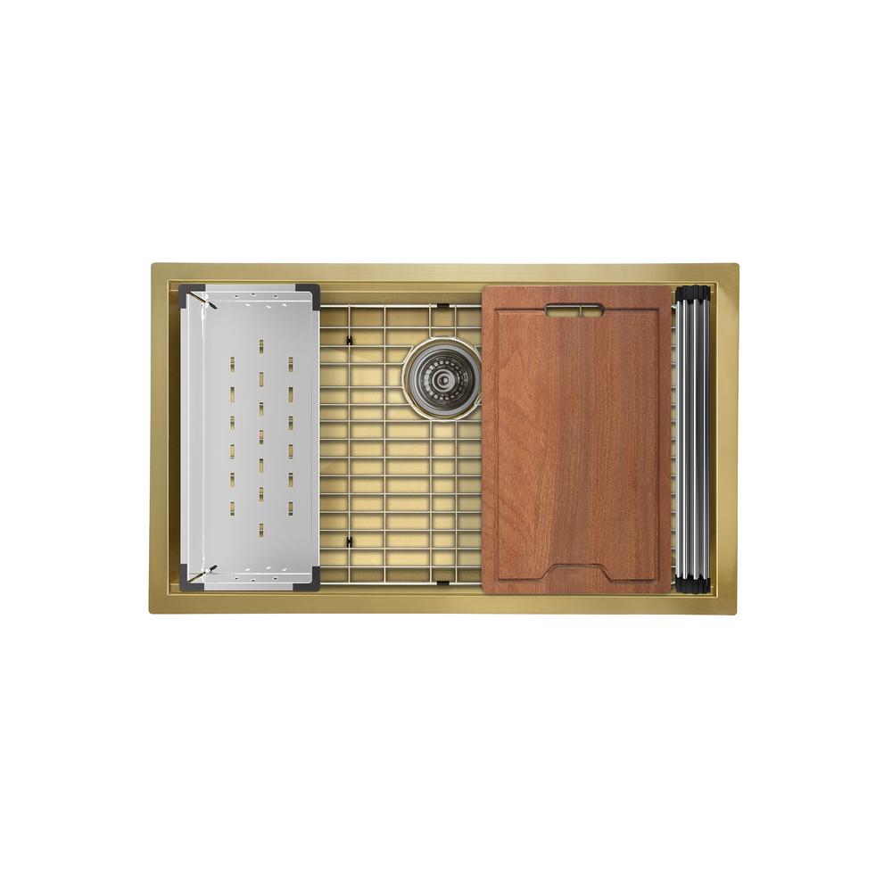 Stainless Steel, Single Basin, Undermount Kitchen Workstation Sink in Gold. Picture 3