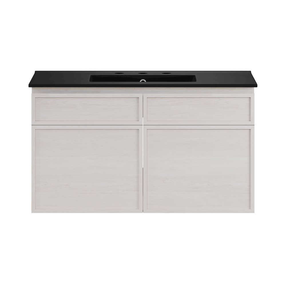 36" Wall-Mounted Bathroom Vanity in White Oak with Black Widespread Sink Top. Picture 1