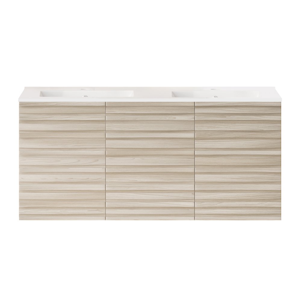 Cascade 48" Wall-Mounted Bathroom Vanity in White Oak with Double Basin Sink Top. Picture 1