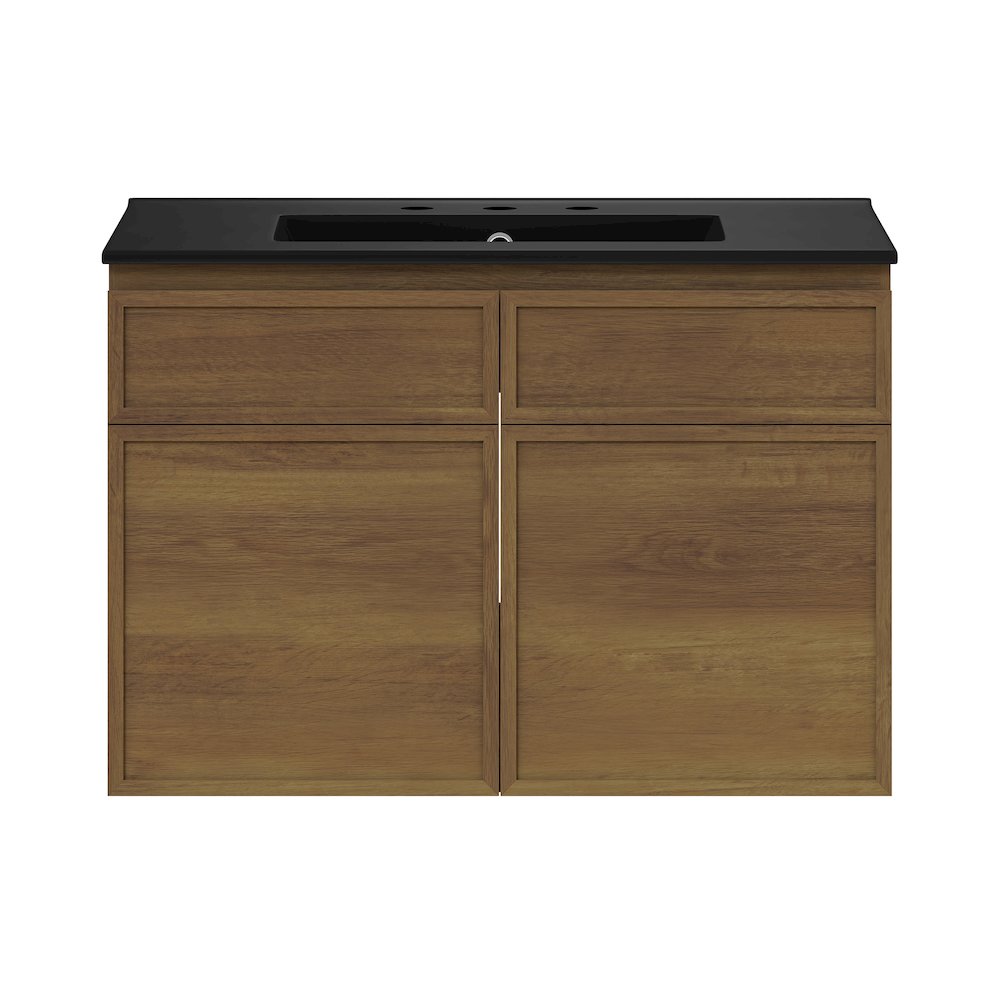 30" Wall-Mounted Bathroom Vanity in Brown Oak with Black Widespread Sink Top. Picture 1