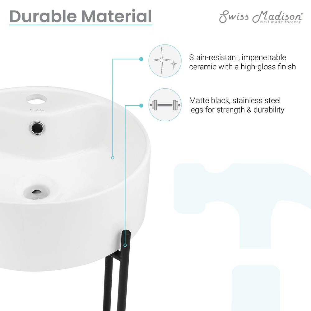 Round Console Sink with Faucet Mount, White Basin Matte Black Legs. Picture 11